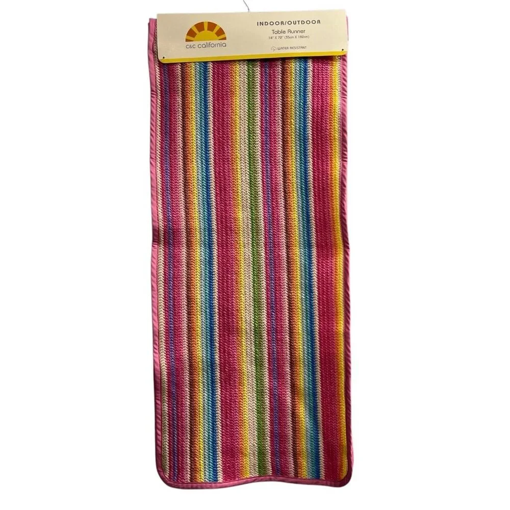 C&C California Table Runner Rainbow Woven Braided Pink Trim Indoor Outdoor 14x72